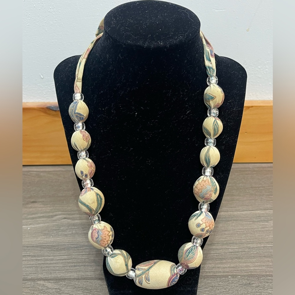Vintage Tan, Green, Blue, Pink Cloth Beaded 36 Inch Necklace